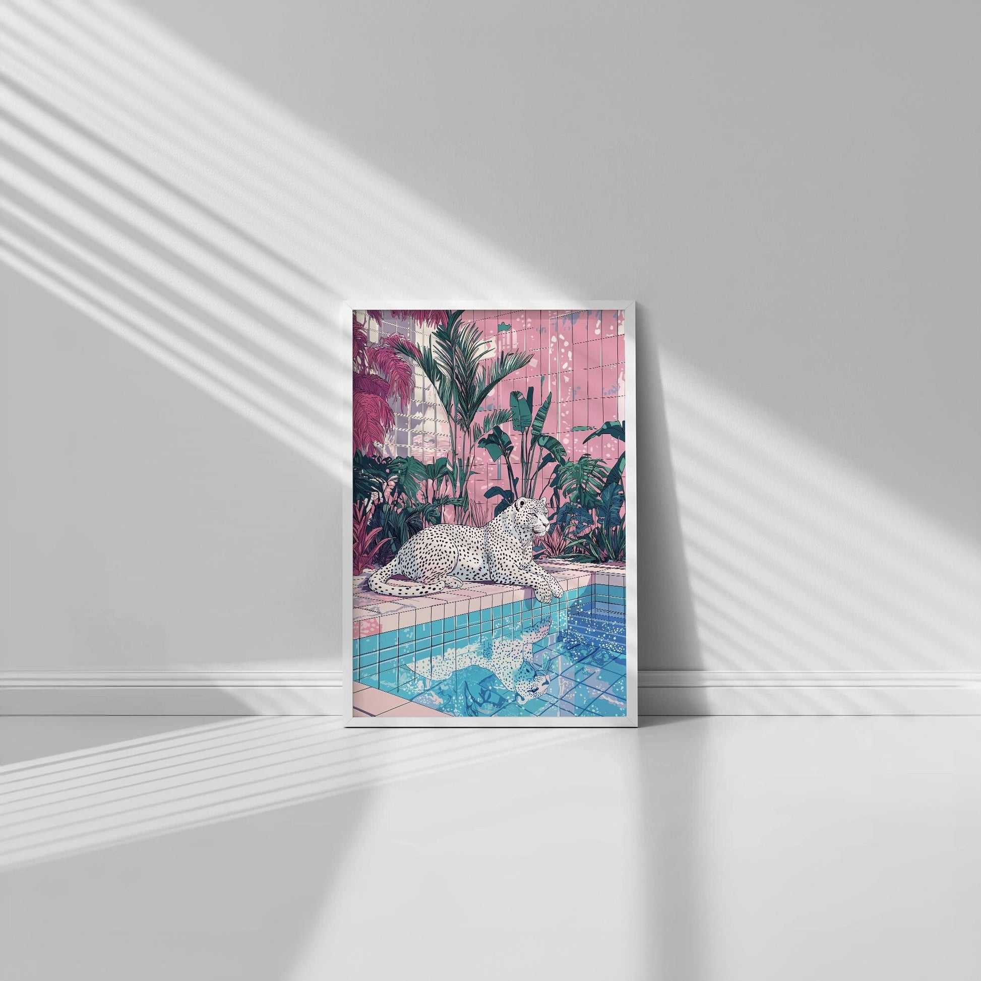 White Cheetah by Poolside Art - Hiroshi Nagai Inspired Pink Tile Print - Dreamy Fauna Wall Decor