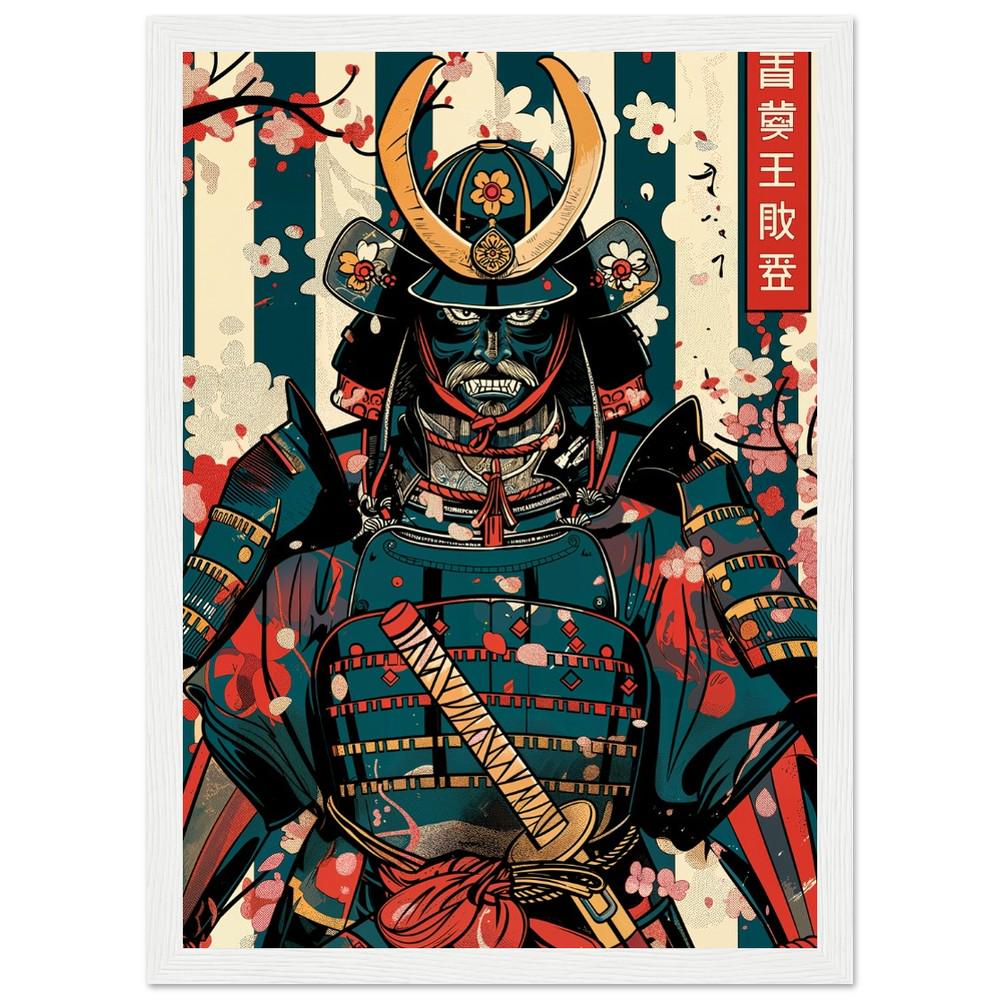 Samurai Art Print | Ukiyo-e Style with Pattern Background | Minimalist Japanese Wall Decor | Retro-Inspired Traditional Asian Design