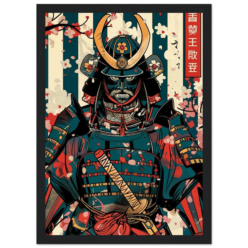 Samurai Art Print | Ukiyo-e Style with Pattern Background | Minimalist Japanese Wall Decor | Retro-Inspired Traditional Asian Design