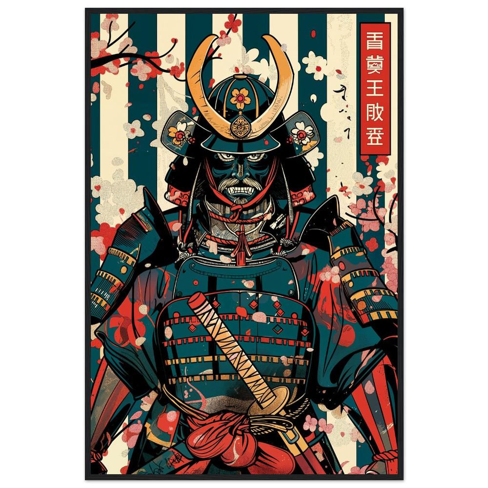 Samurai Art Print | Ukiyo-e Style with Pattern Background | Minimalist Japanese Wall Decor | Retro-Inspired Traditional Asian Design