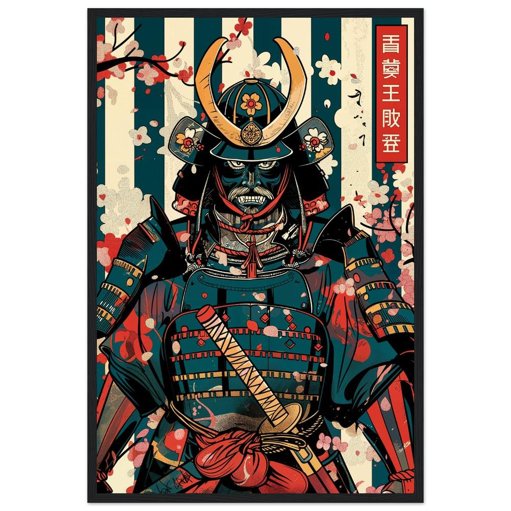 Samurai Art Print | Ukiyo-e Style with Pattern Background | Minimalist Japanese Wall Decor | Retro-Inspired Traditional Asian Design