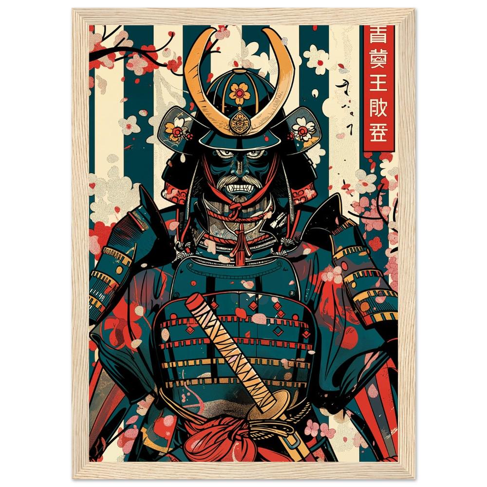 Samurai Art Print | Ukiyo-e Style with Pattern Background | Minimalist Japanese Wall Decor | Retro-Inspired Traditional Asian Design