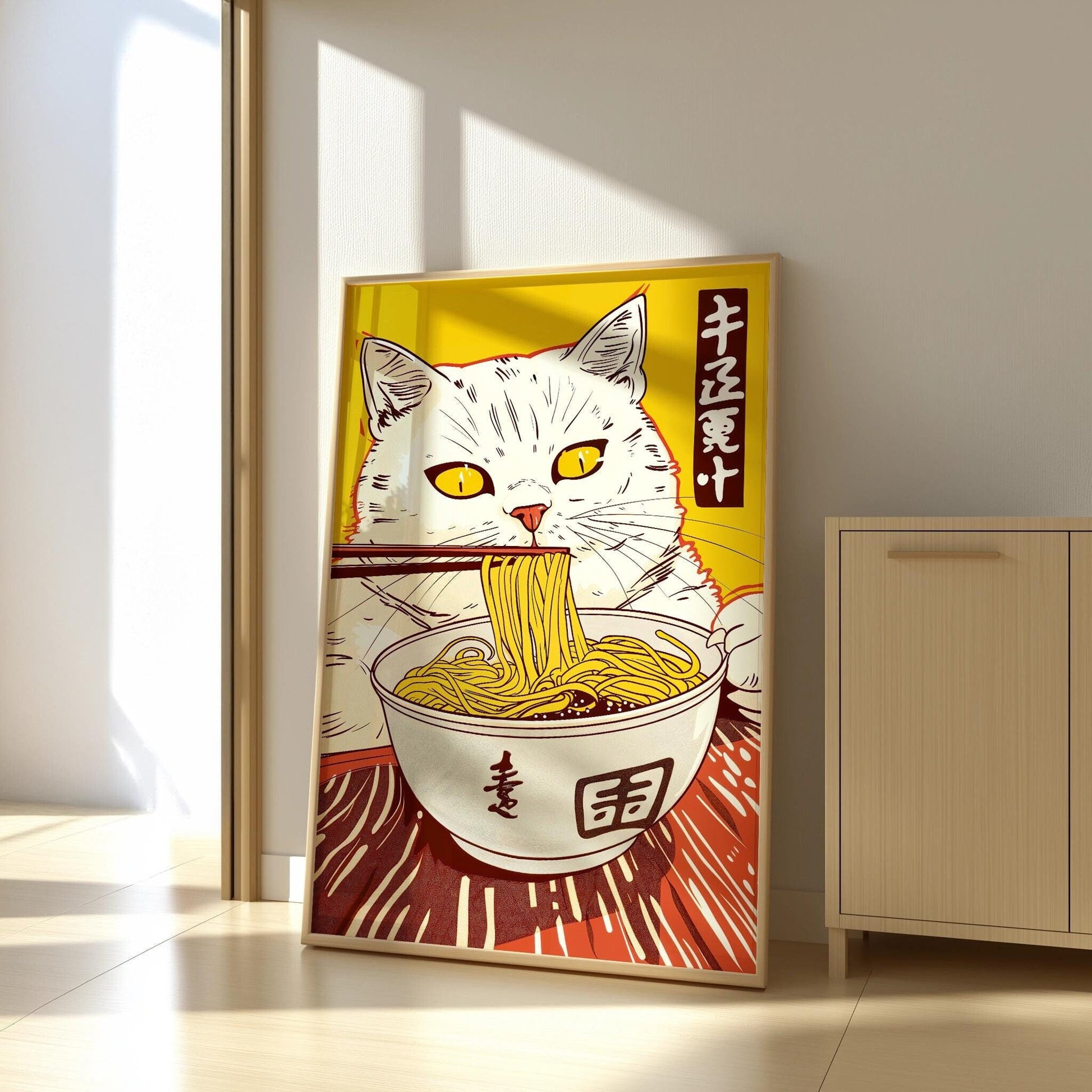 Cat Eating Ramen Print | Japanese Cartoon Style Art | Semi-Gloss Finish | Fun Wall Art | Home or Office Decor