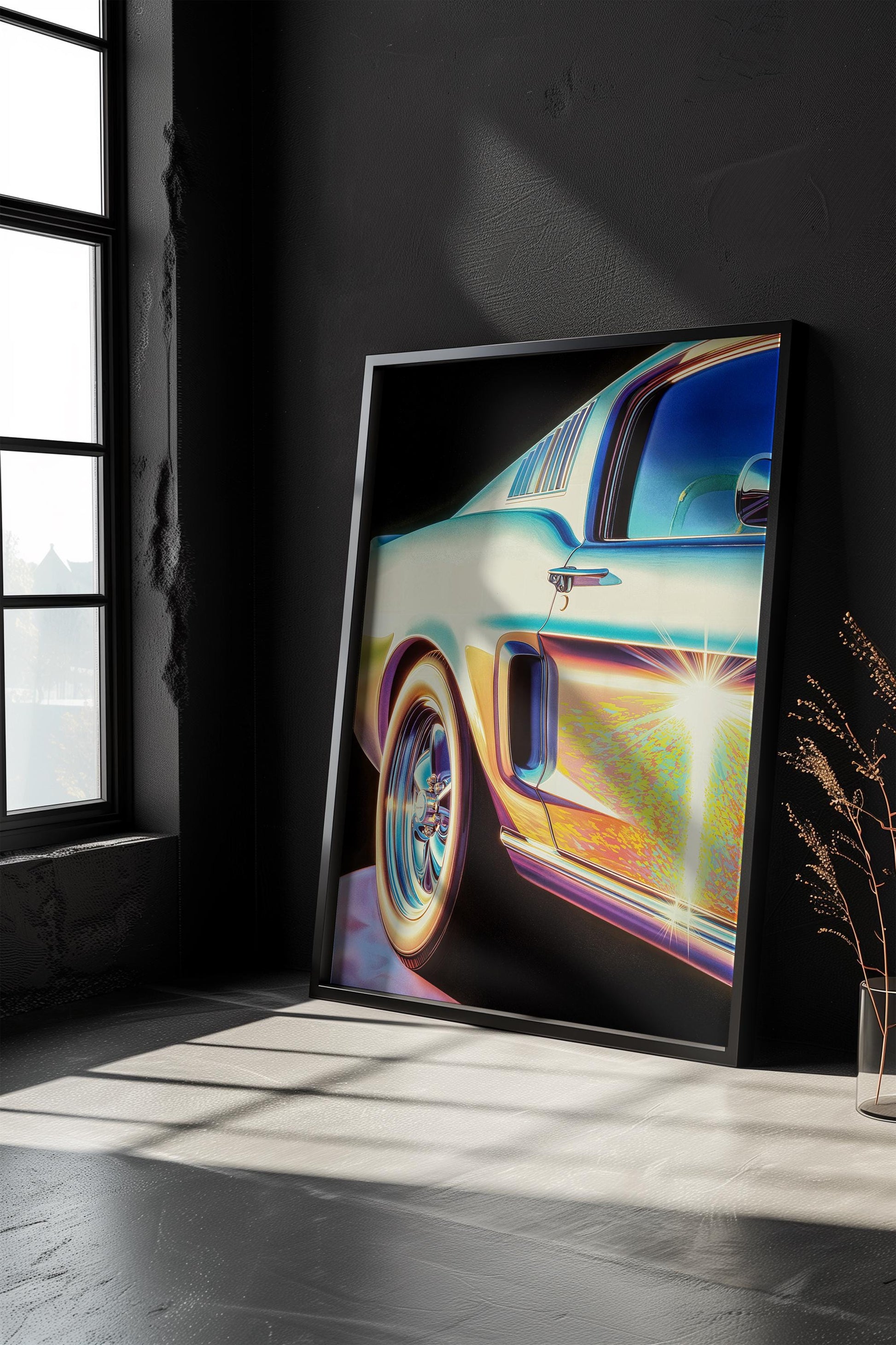 Ethereal Classic Ford Mustang Wall Art - Vaporwave Style Vintage Car Poster - Retro Classic Car Print Decor for Auto Enthusiasts