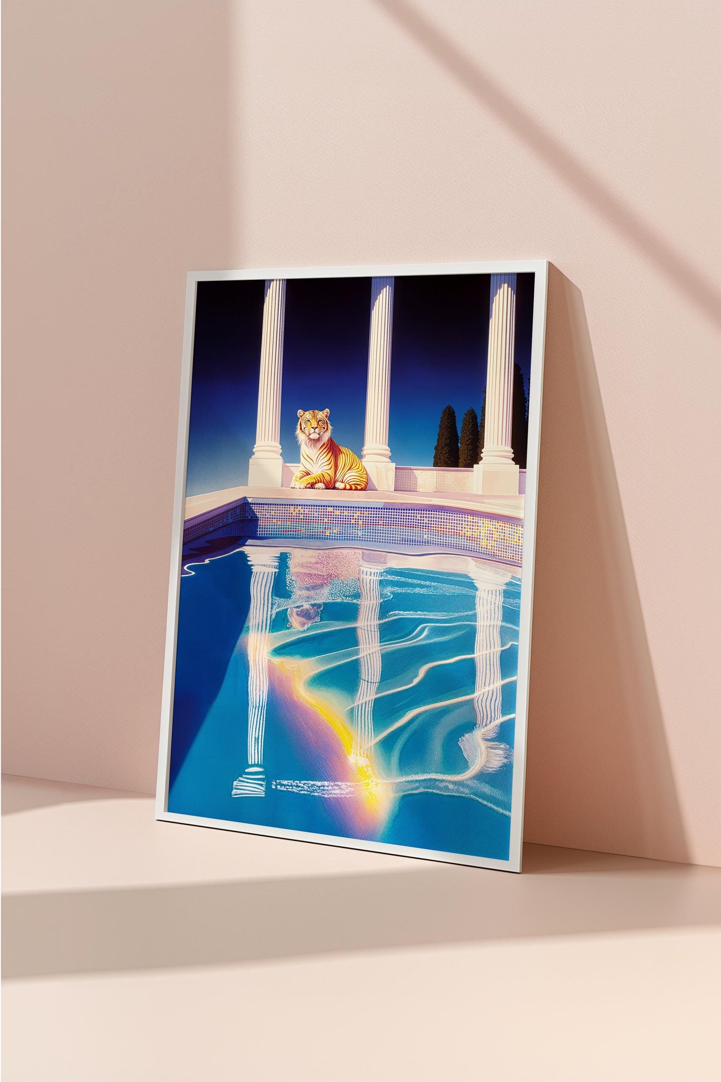 Ethereal Tiger by Poolside Wall Art - Hiroshi Nagai Inspired Dreamy Greek Style Art - Retro Surreal Landscape Print