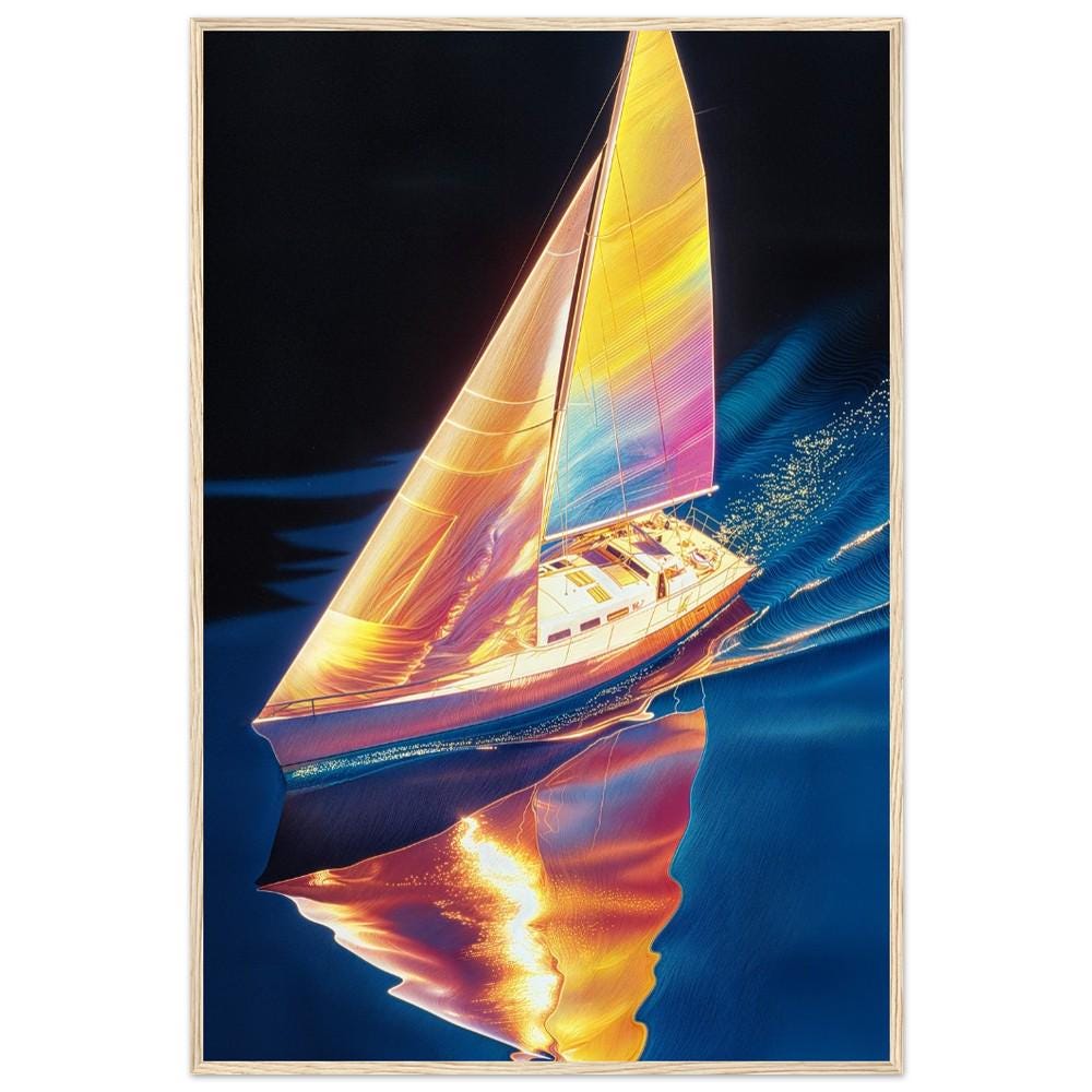 Ethereal Sailboat Wall Art - Hiroshi Nagai Inspired Retro Dreamy Landscape Print - Serene Nautical Decor for Coastal Lovers