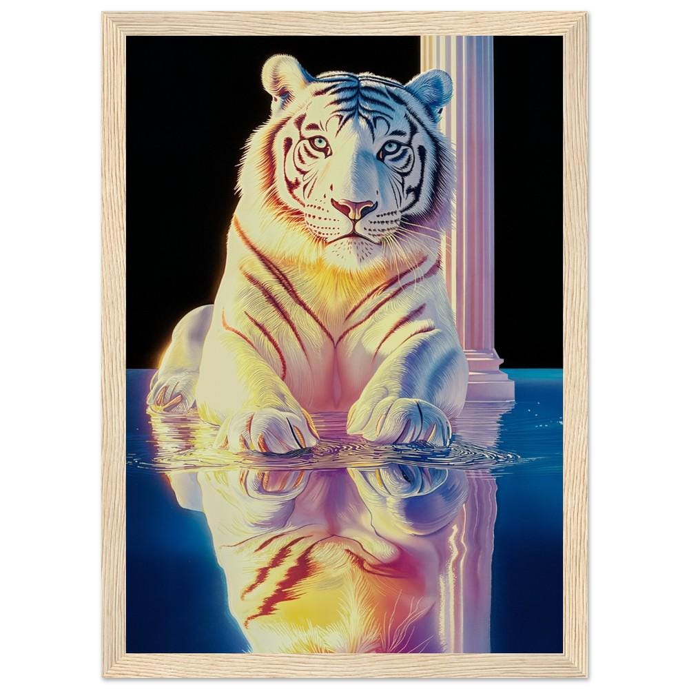 White Tiger in Ethereal Space - Hiroshi Nagai Inspired Greek Ruins Art - Dreamy Water Reflections Wall Print