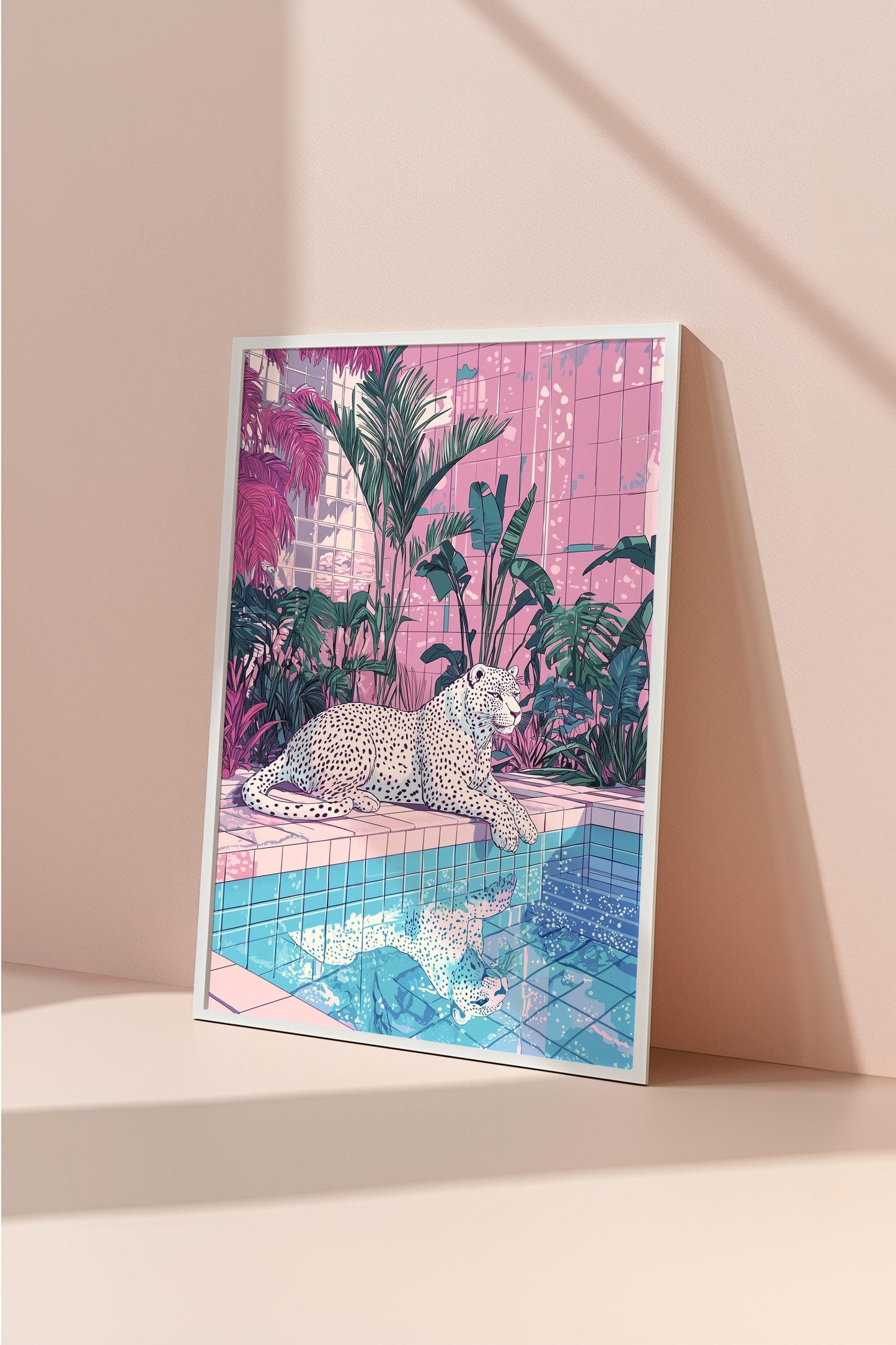 White Cheetah by Poolside Art - Hiroshi Nagai Inspired Pink Tile Print - Dreamy Fauna Wall Decor