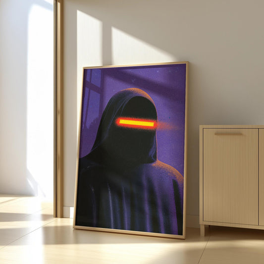 Futuristic Hooded Figure Art - Sci-Fi Minimalist Poster - Semi-Gloss Wall Print with Neon Red Light Aesthetic