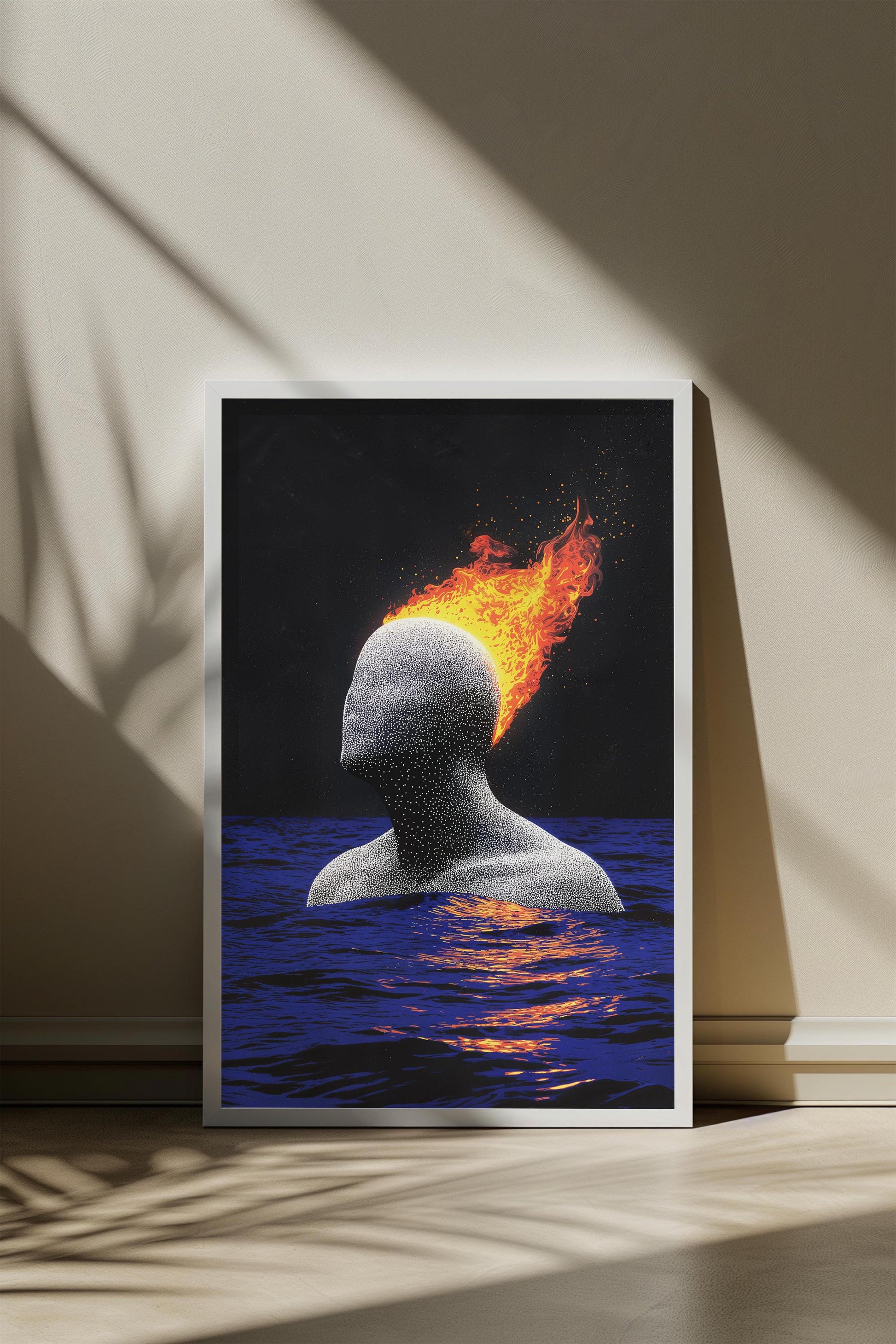 Burning Head Abstract Art - Surreal Minimalist Poster - Semi-Gloss Wall Print with Ocean and Fire Elements