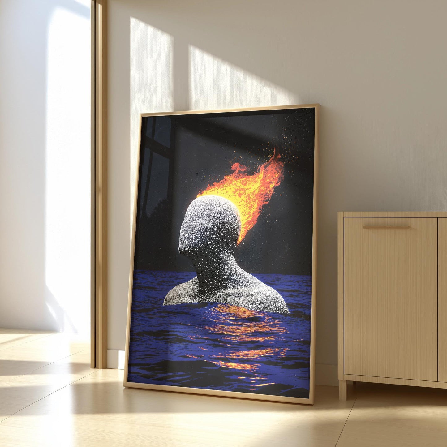 Burning Head Abstract Art - Surreal Minimalist Poster - Semi-Gloss Wall Print with Ocean and Fire Elements