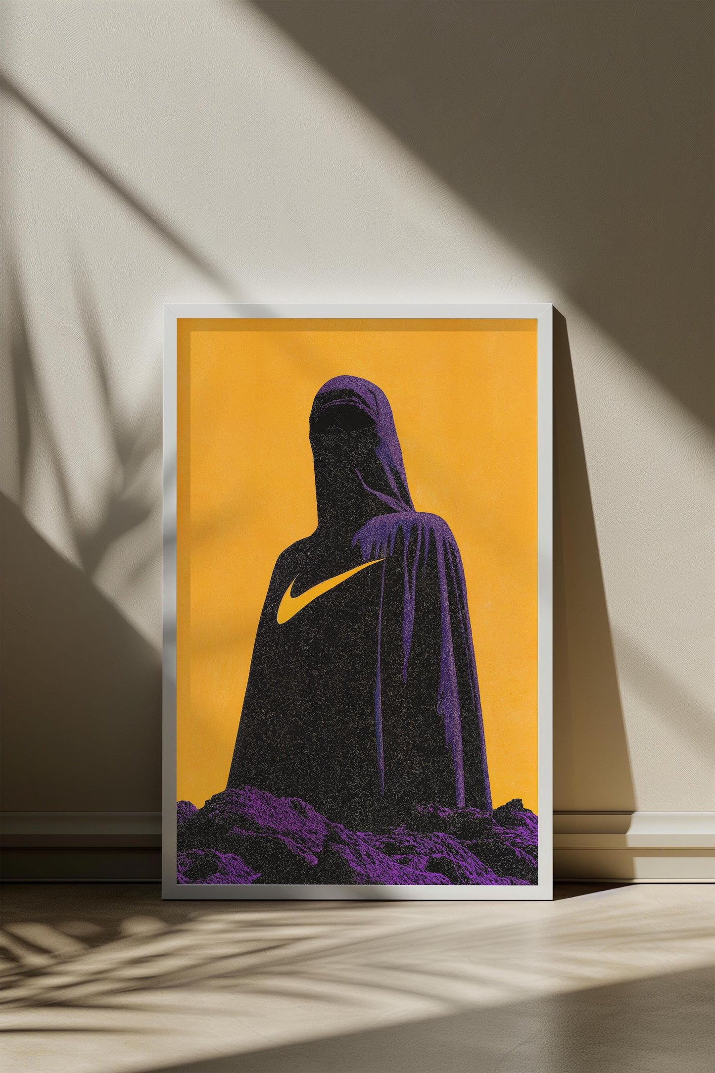 Abstract Hooded Figure Art - Modern Minimalist Poster - Semi-Gloss Wall Print with Bold Yellow and Purple Design