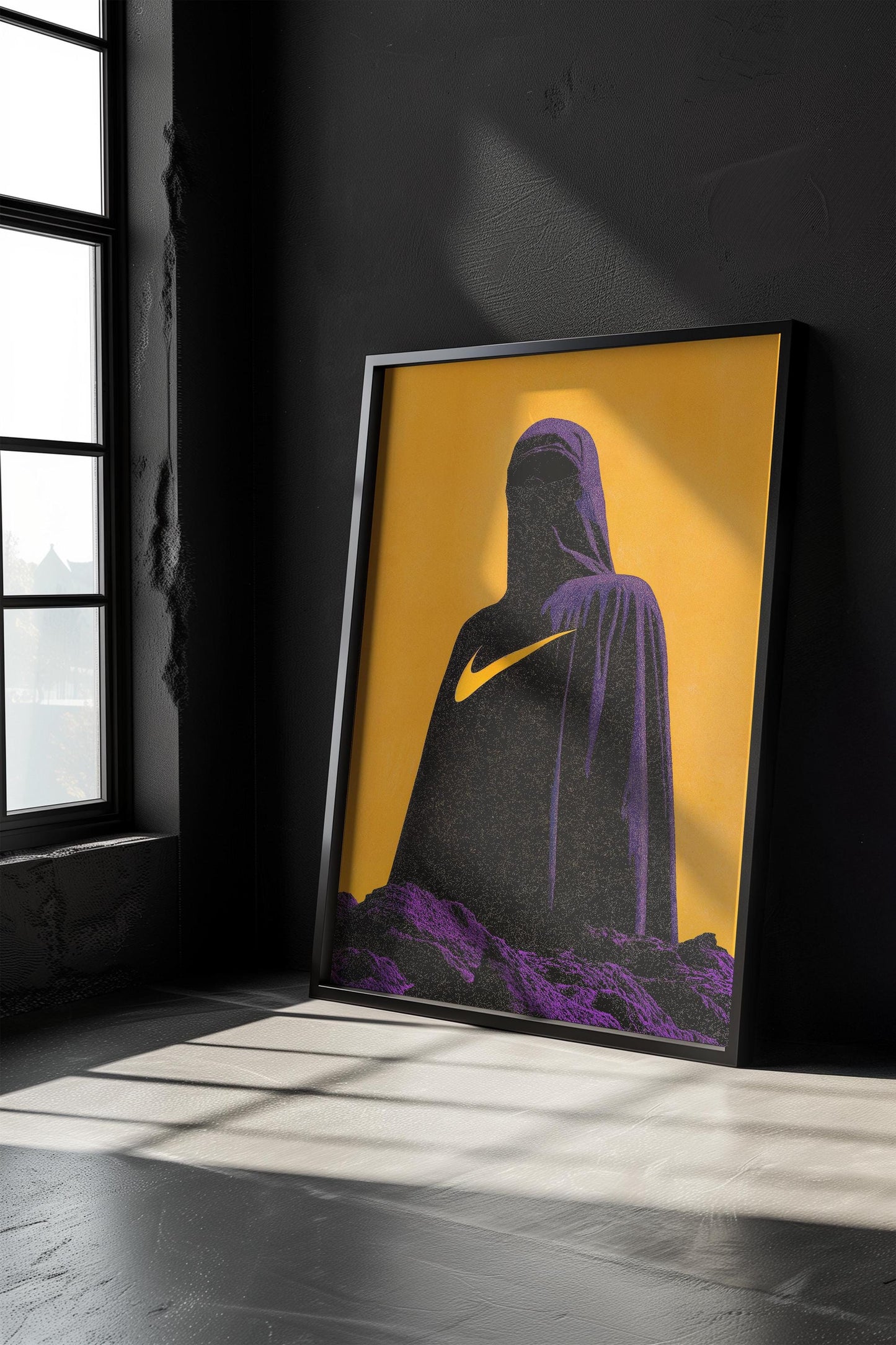 Abstract Hooded Figure Art - Modern Minimalist Poster - Semi-Gloss Wall Print with Bold Yellow and Purple Design