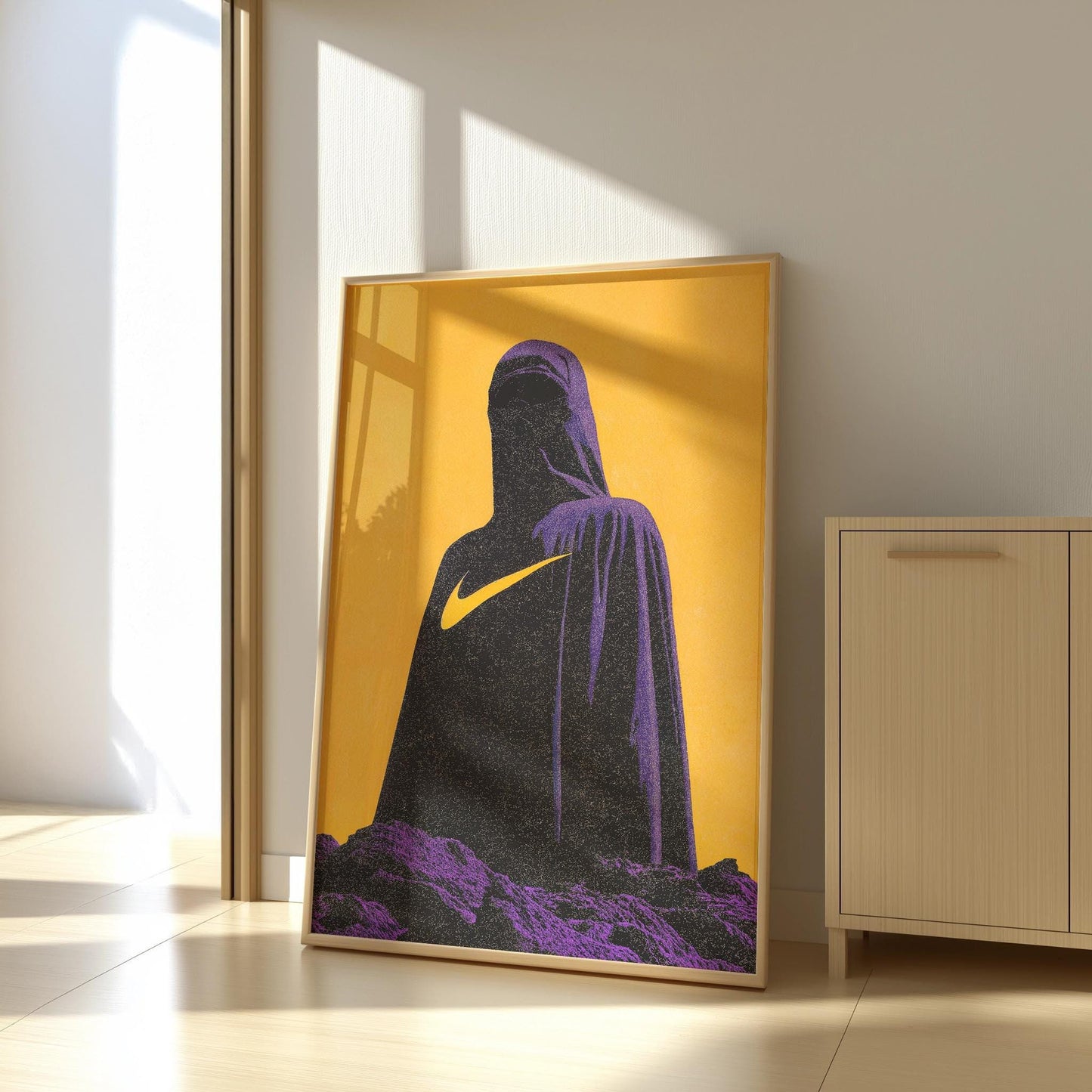 Abstract Hooded Figure Art - Modern Minimalist Poster - Semi-Gloss Wall Print with Bold Yellow and Purple Design