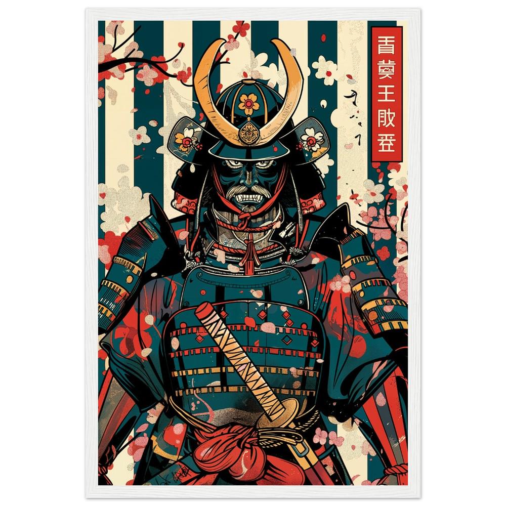 Samurai Art Print | Ukiyo-e Style with Pattern Background | Minimalist Japanese Wall Decor | Retro-Inspired Traditional Asian Design