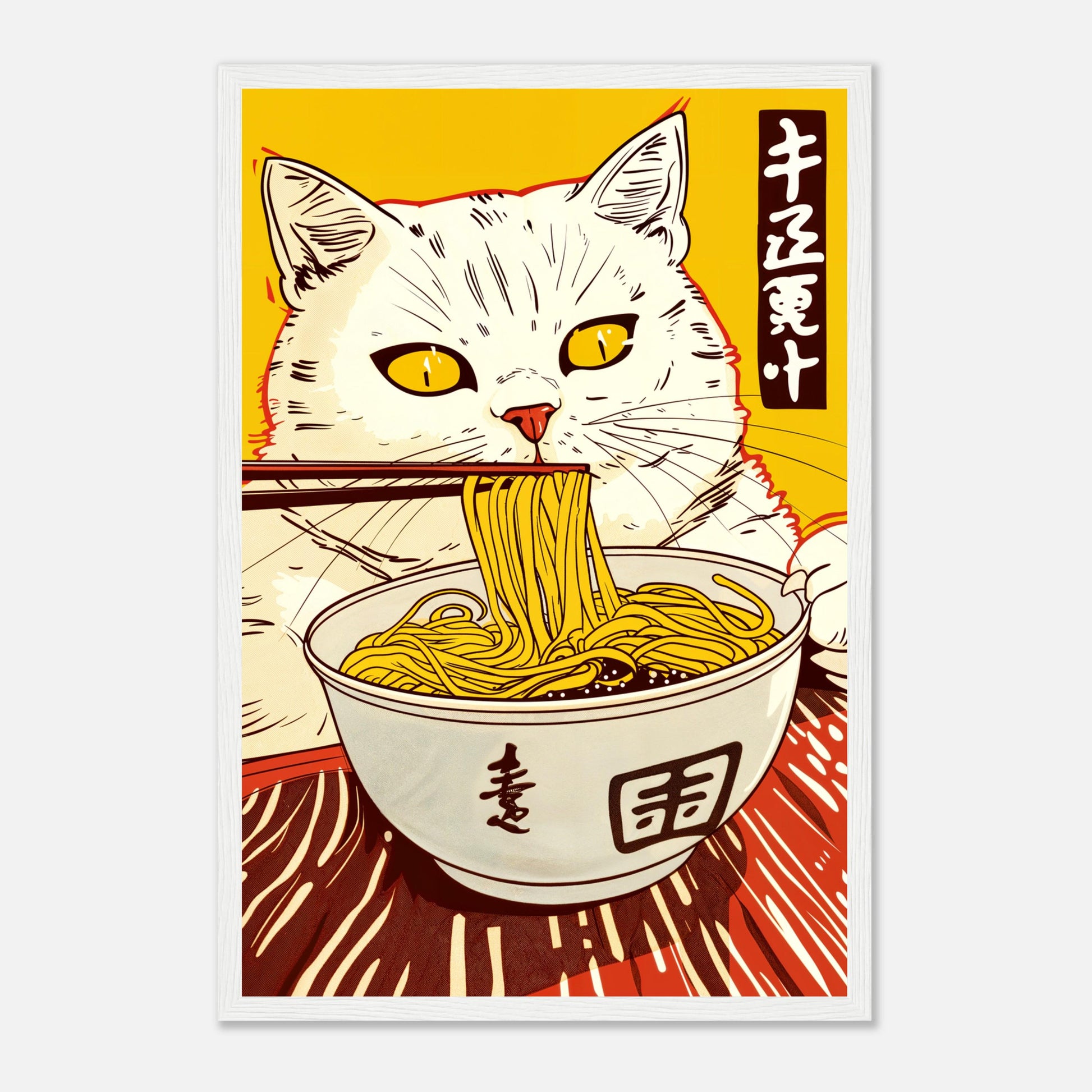 Cat Eating Ramen Print | Japanese Cartoon Style Art | Semi-Gloss Finish | Fun Wall Art | Home or Office Decor