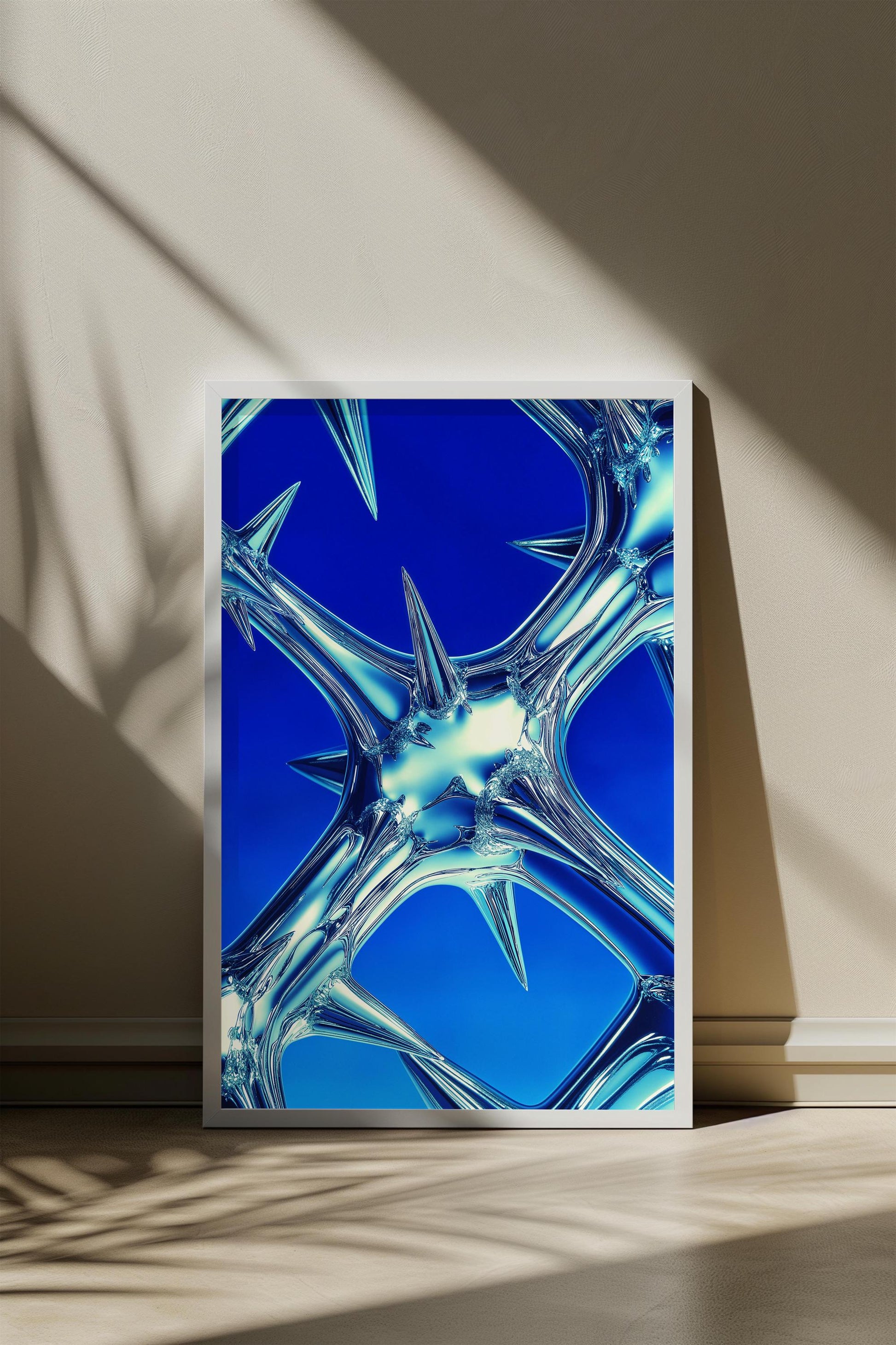 Abstract Spiked Glass Art - Futuristic Minimalist Blue Wall Print - Semi-Gloss Poster for Modern Aesthetic Decor