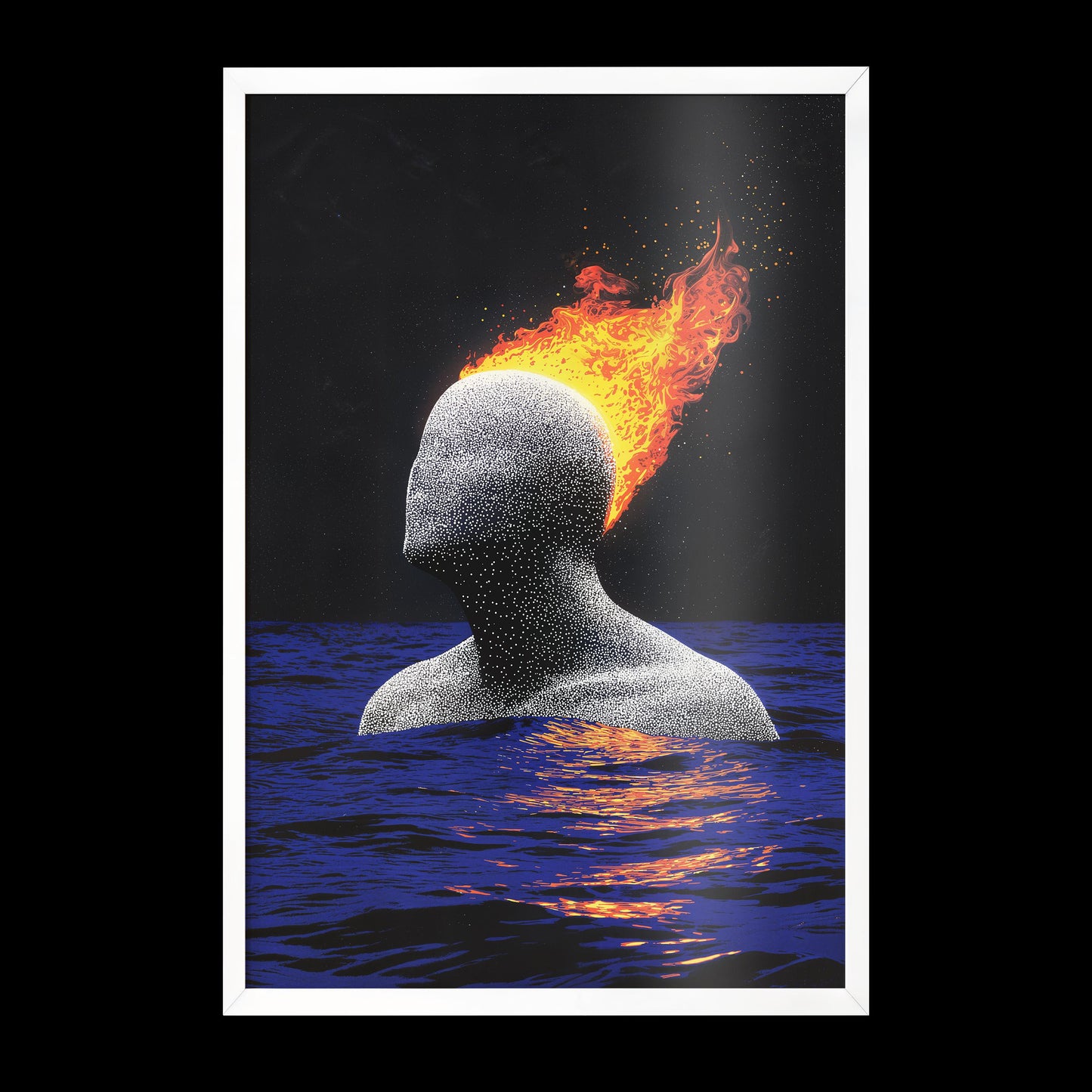 Burning Head Abstract Art - Surreal Minimalist Poster - Semi-Gloss Wall Print with Ocean and Fire Elements