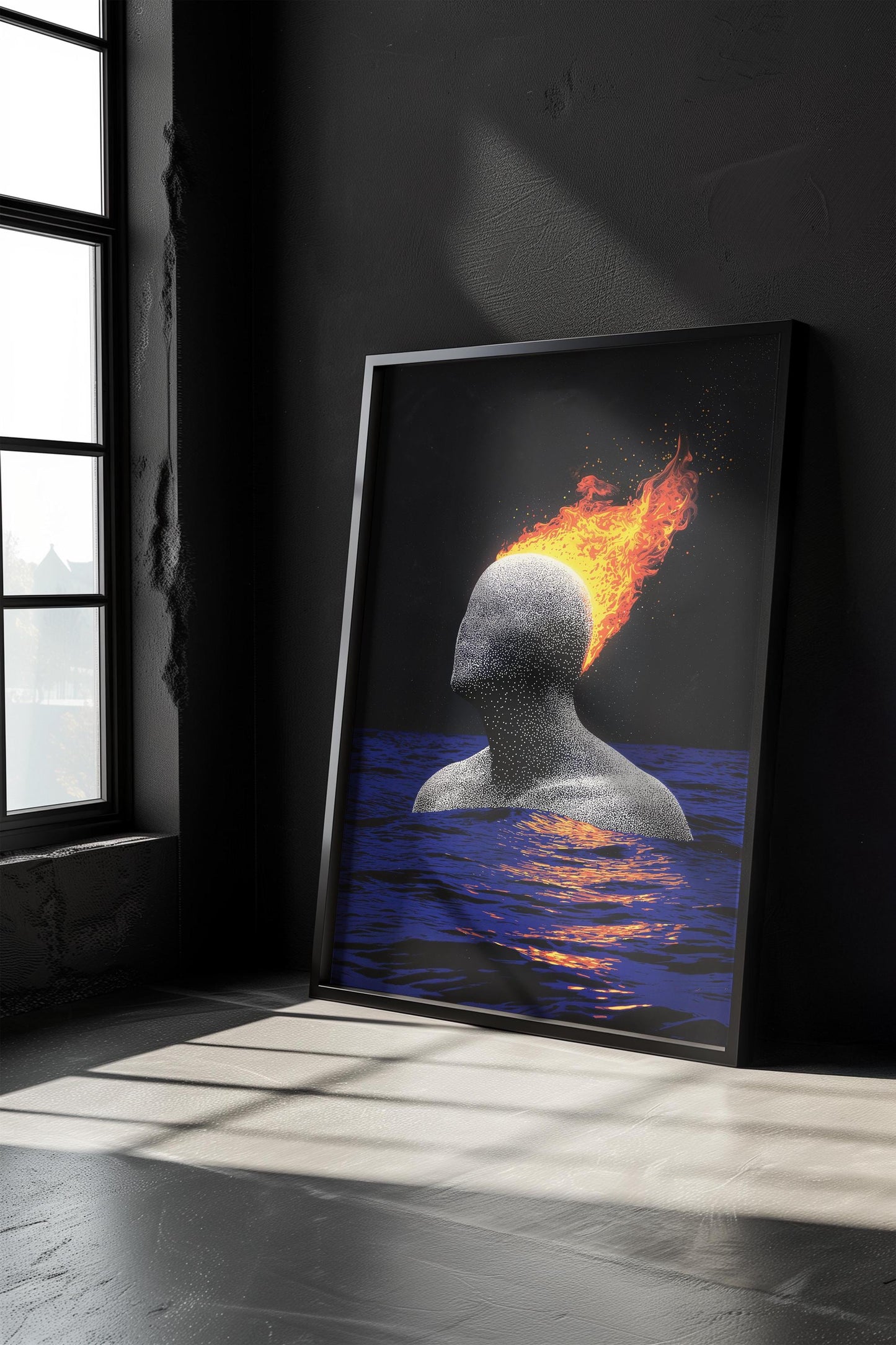 Burning Head Abstract Art - Surreal Minimalist Poster - Semi-Gloss Wall Print with Ocean and Fire Elements