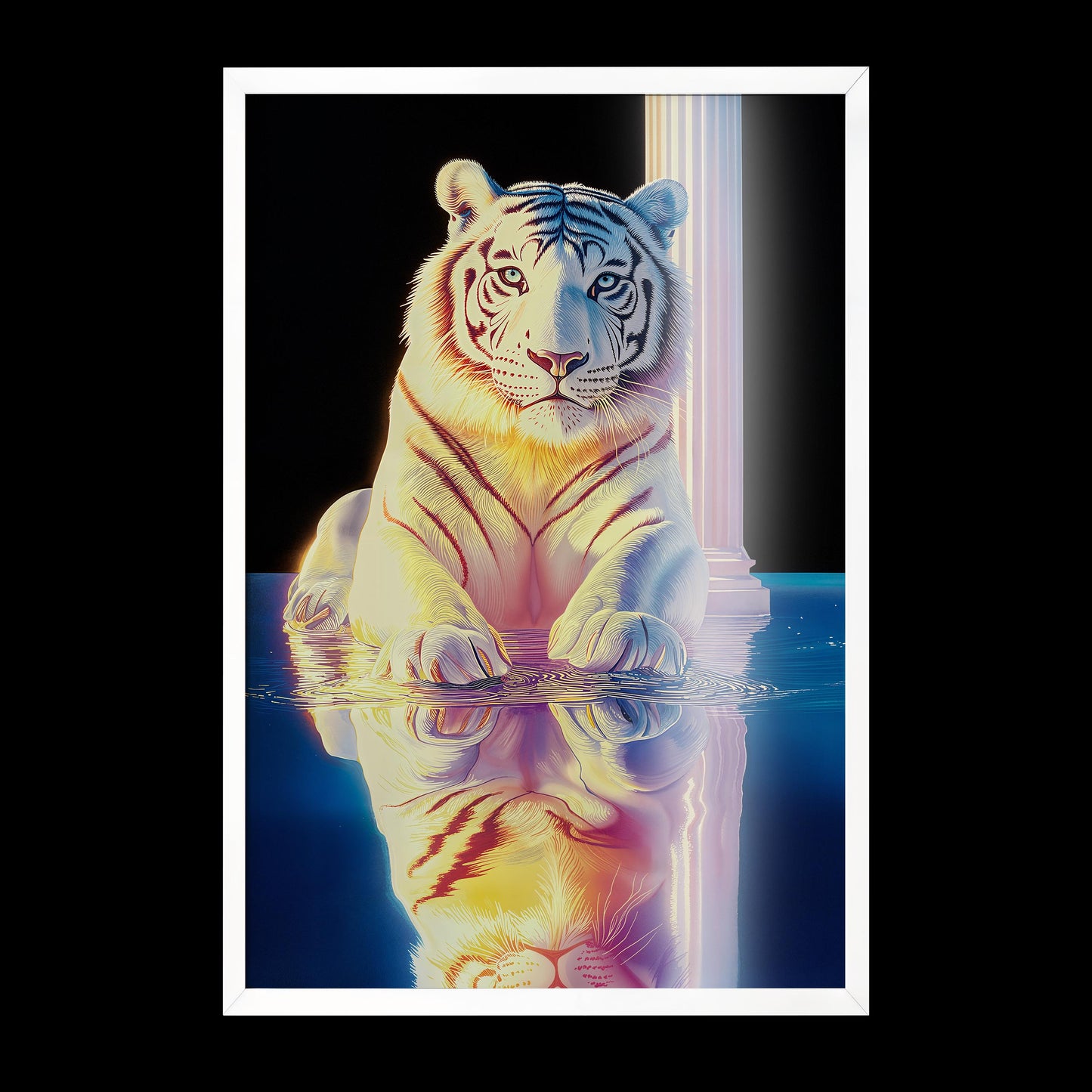 White Tiger in Ethereal Space - Hiroshi Nagai Inspired Greek Ruins Art - Dreamy Water Reflections Wall Print